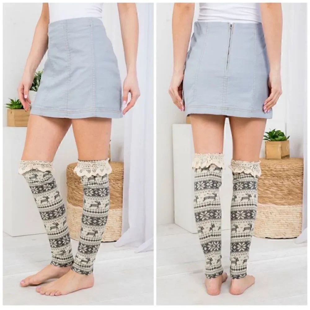 Nordic Print Leg Warmers/Boot Toppers Over the Knee Gray and Cream Color